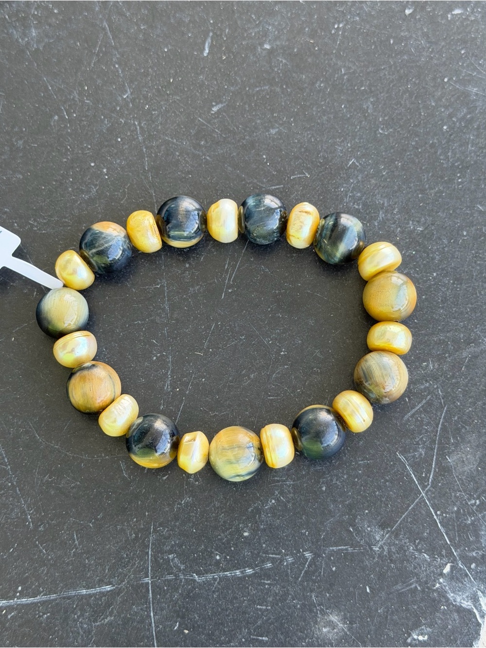 Yellow Freshwater pearls & Blue Tiger eye Beaded Stretch Bracelet 6”